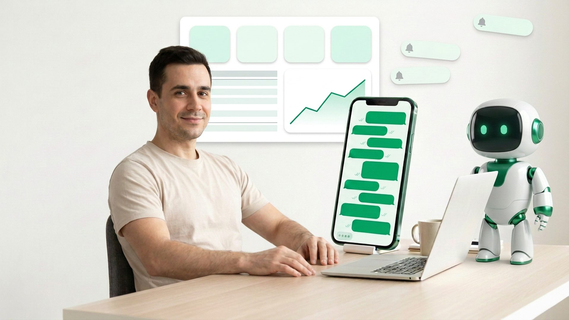 A calm business owner at a laptop beside the Wavy mascot,
   with a WhatsApp CRM dashboard on the wall behind